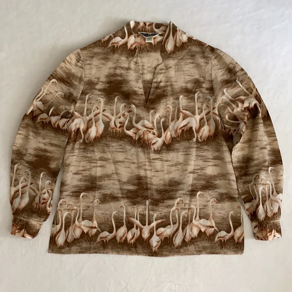 {VTG} Alex Colman Sportswear | 70s Flamingo Print Lightweight LS Pullover Blouse - Picture 1 of 16